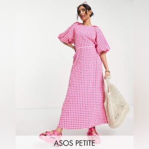 ASOS Petite Pink and White Check Open Back Tie Dress Size 8P